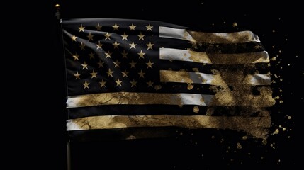 Creative American flag with gold powder texture on it, black dramatic background for veterans day or US holiday promotion made with generative ai 