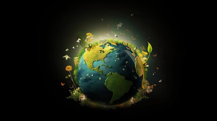 Beautiful earth planet with yellow floral elements on the black background with back lights - generative ai