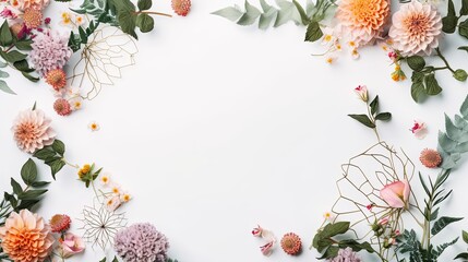 Beautiful floral design elements around the white background with copy space, flowers and leaves made with generative ai