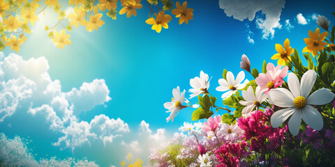 Fototapeta na wymiar Sunny Days: Spring Background Aesthetic with Sunny Skies and Colorful Blooms