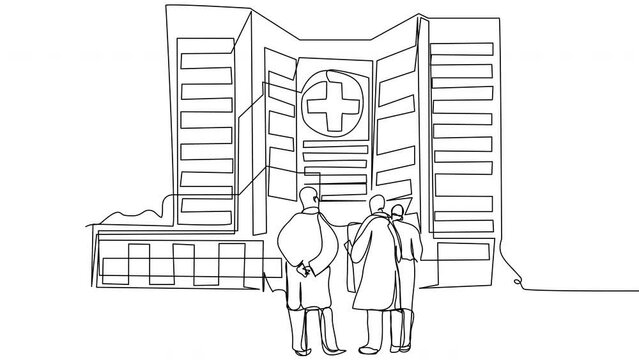Self-drawing Three doctors discuss in one line on a white screen. Animation Hospital workers on the background of the building. Stock 4k video of health care with alpha channel.