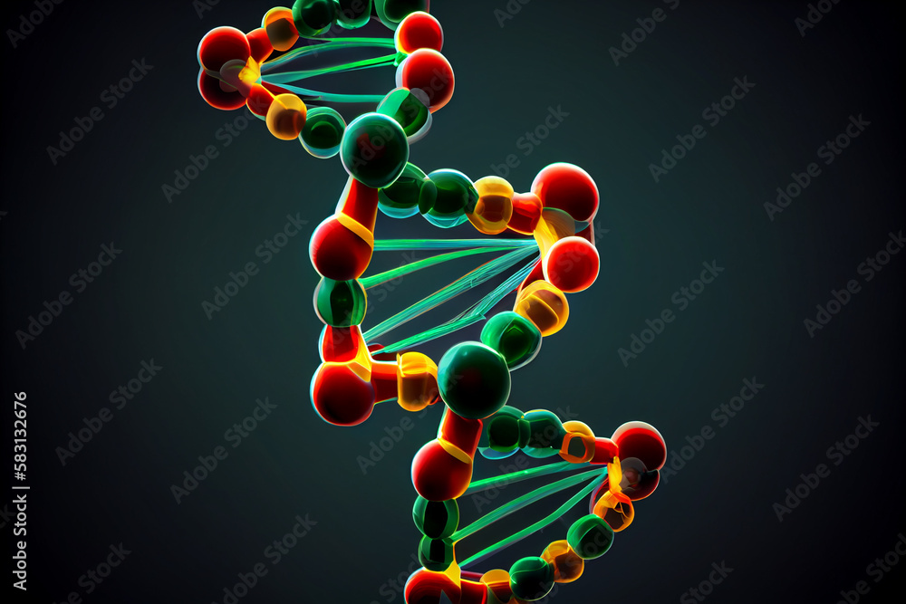 Poster beautiful red, green dna molecule with yellow light symbol icons on a blue background generative ai 