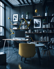 Illustration of an office interior built using the Memphis Milano design concept. This design highlights the use of postmodern furniture, fabric lighting and bright colors in some places.
