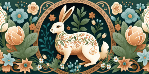 Sweet Easter Bunny Background with Traditional Floral Patterns &ndash; Professional