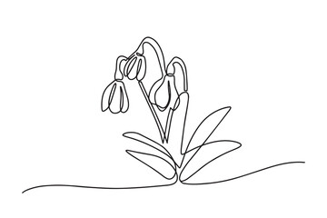 One line snowdrop isolated on white background. Vector illustration continuous one line of white snowdrop. Spring card with snowdrop. Spring flower