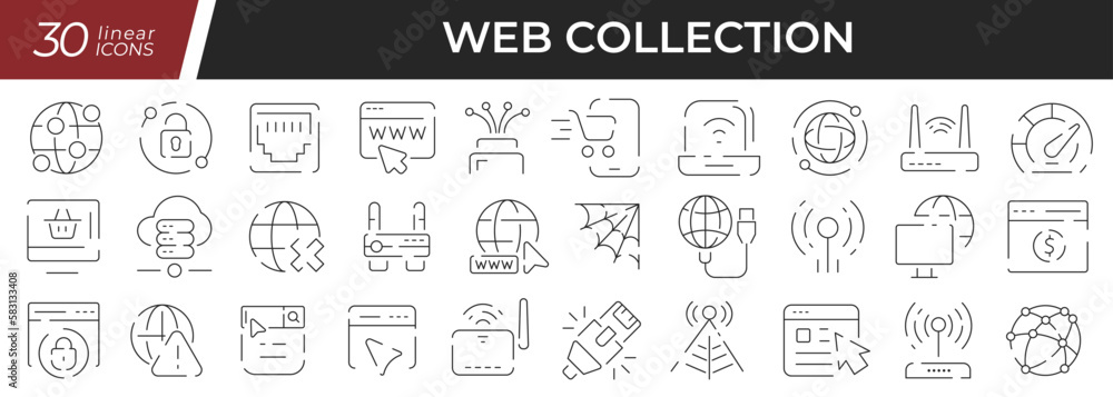 Poster Web linear icons set. Collection of 30 icons in black