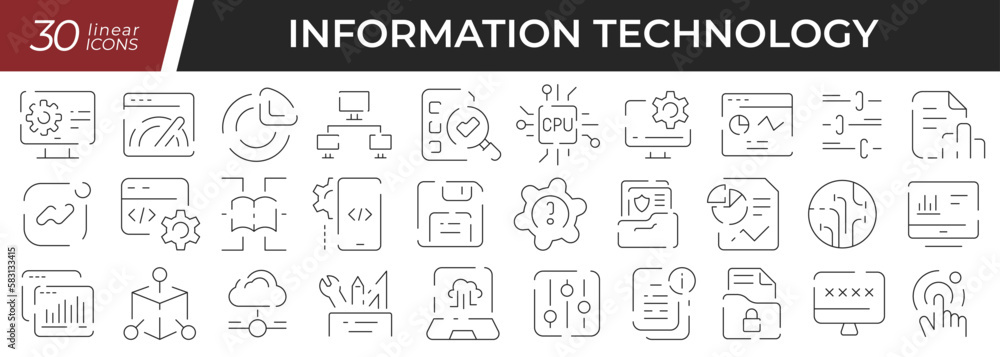 Poster information technology linear icons set. collection of 30 icons in black