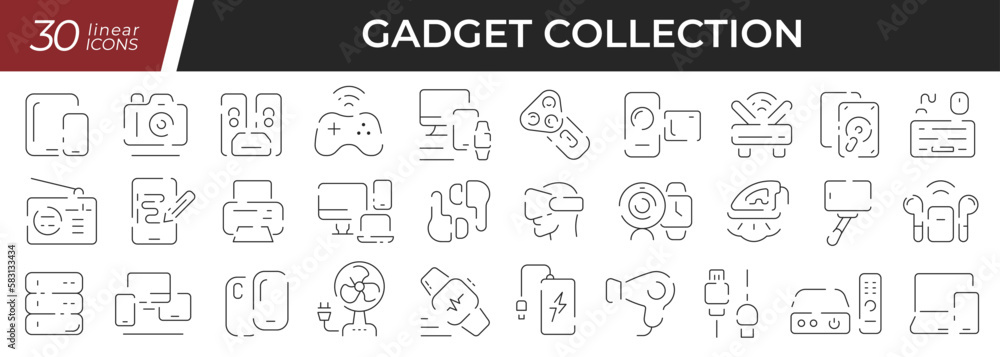 Poster gadgets linear icons set. collection of 30 icons in black