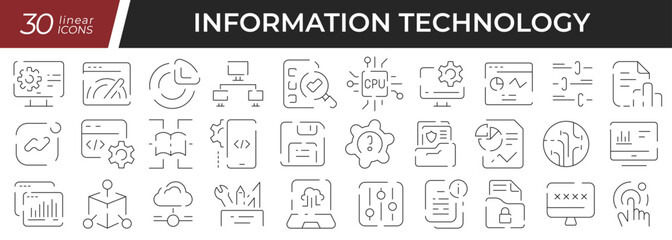 Information technology linear icons set. Collection of 30 icons in black