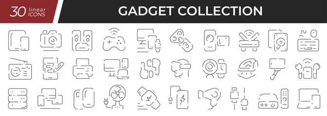 Gadgets linear icons set. Collection of 30 icons in black