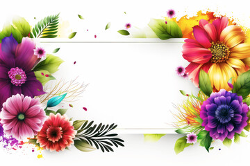 Colorful flowers on white background. Frame for Mothers day, International Womens Day, 8 March, Valentines Day, birthday, wedding background. Flower border for invitation. AI generative.