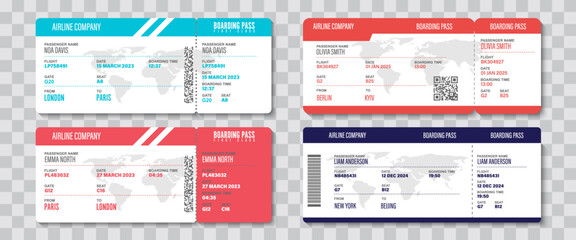 Travel ticket template collection. Set of ticket mockup - obrazy, fototapety, plakaty