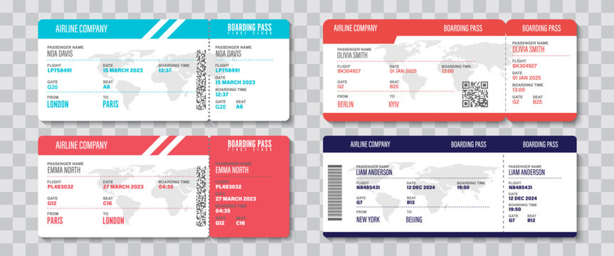 Travel ticket template collection. Set of ticket mockup
