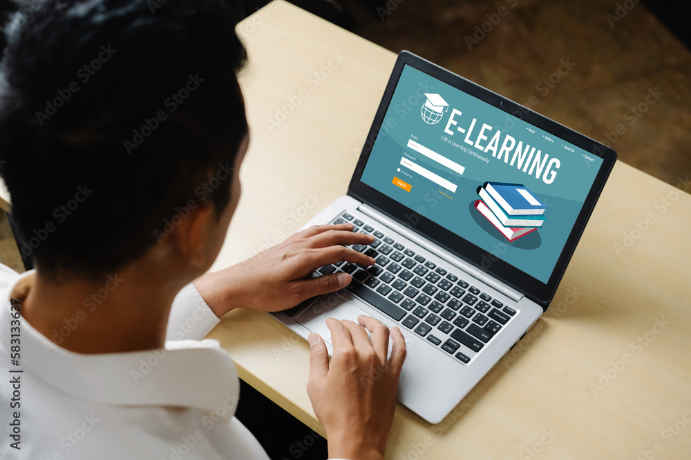 Poster e-learning website with modish sofware for student to study online on the internet network