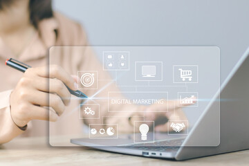 digital marketing technology Online concept  Businesswomen use social media search engines to optimize e-commerce data analysis tools for marketing media. To meet business needs.