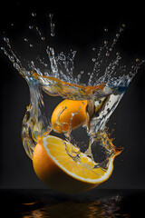 splashing lemon, orrange falling in a water surface causing a splash using generative art