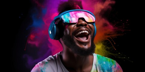 Portrait of an African-American man in astonishment wearing a virtual reality headset. Vivid colors neon glowing HMD generative ai