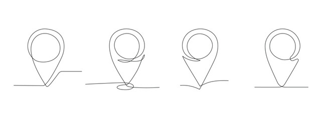 Continuous single line drawing of map pins. Editable stroke linear style. Gps navigation pointers for travel concept. Collection of one line map pins on white background. Doodle vector illustration.