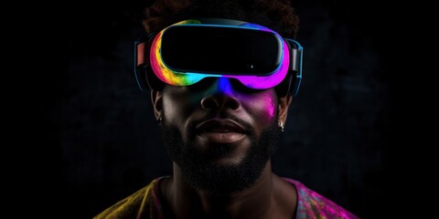 Portrait of an African-American man in astonishment wearing a virtual reality headset. Vivid colors neon glowing HMD generative ai