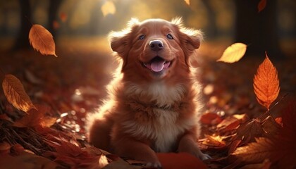Happy puppy in autumn leaves in the park. Generative AI