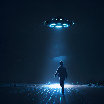 nave espacial no identificada (ovni) abduciendo a una persona en la noche