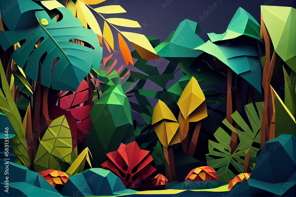 Aufkleber Jungle: An abstract low poly geometry background featuring a jungle scene. Generative AI technology.