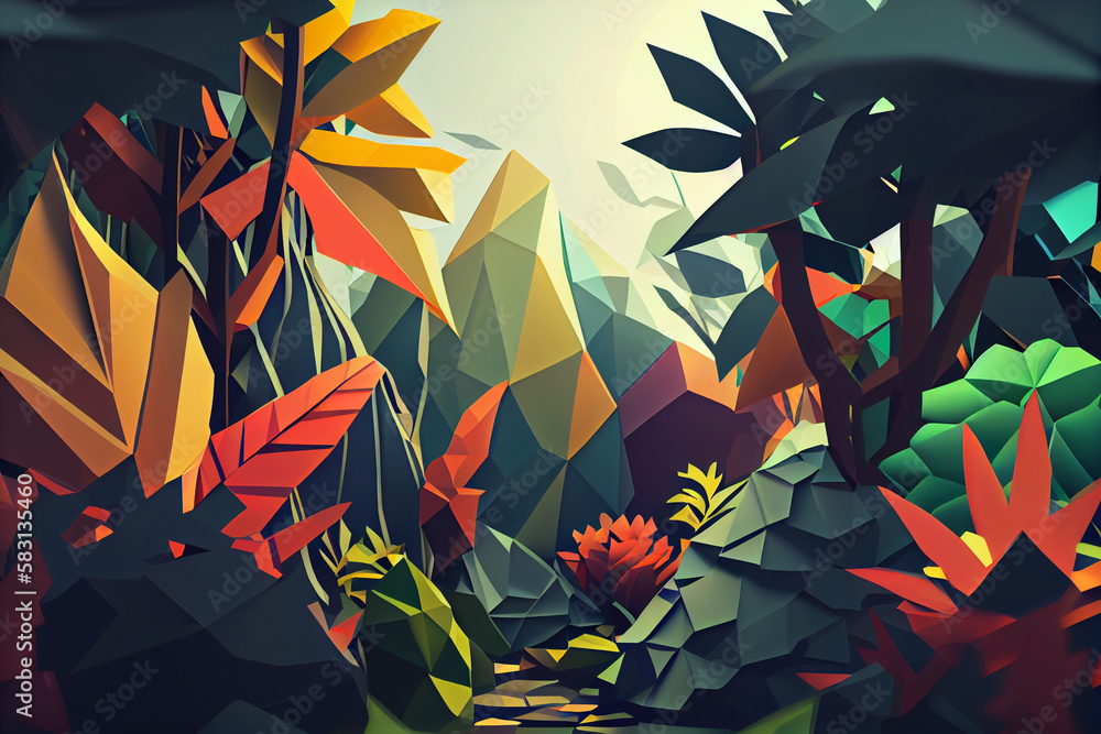 Aufkleber jungle: an abstract low poly geometry background featuring a jungle scene. generative ai technology.
