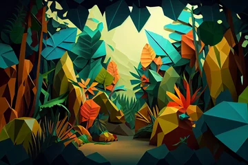 Tuinposter Jungle: An abstract low poly geometry background featuring a jungle scene. The geometric shapes and bright colors create a vibrant and dreamlike atmosphere, evoking the dense foliage and exotic wildli © Oleksandr