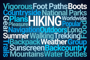 Hiking Word Cloud on Blue Background