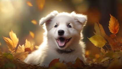 Happy white puppy in autumn leaves in the park. Generative AI