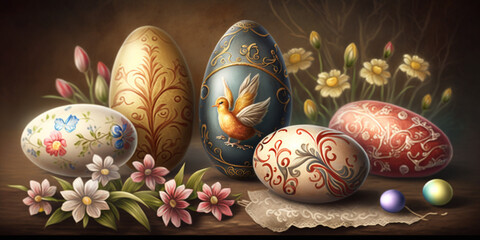 Traditional Easter Background with Hand-Painted Easter Elements &ndash; Professional