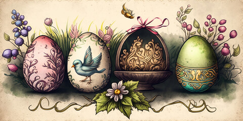 Traditional Easter Background with Hand-Painted Easter Elements &ndash; Professional