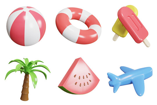 3d summer vacation icon set on transparent background
