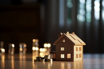 Small House and Coin Stack on wooden table on Blur Background for Investment or Loan