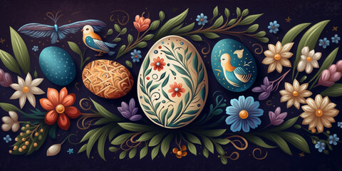 Traditional Easter Background with Hand-Painted Easter Elements &ndash; Professional