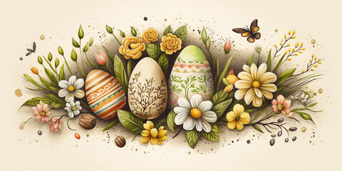 Traditional Easter Background with Hand-Painted Easter Elements &ndash; Professional