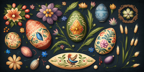 Traditional Easter Background with Hand-Painted Easter Elements &ndash; Professional