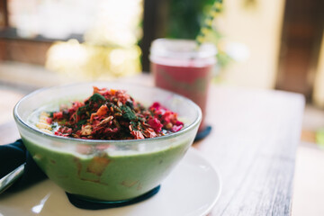 Cropped image of bowl with organic vegetarian food for healthy nutrition and dieting and energetic...