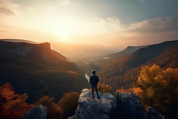 Obraz premium A man looking at a sunset in the mountains