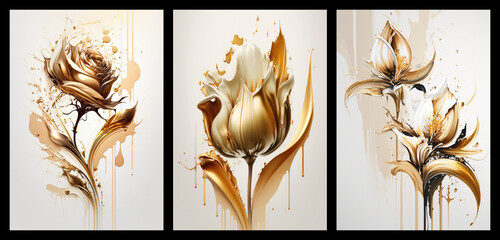 Set of golden floral art posters, gold rose, tulip and lilly on white background abstract concept art, generative ai	
 - obrazy, fototapety, plakaty