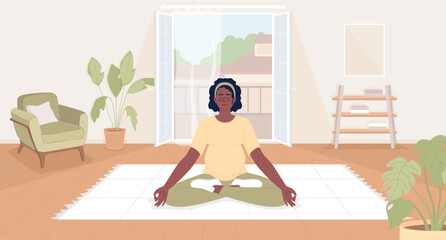 Fototapeta na wymiar Staying relaxed in pregnancy flat color vector illustration. Calm pregnant woman sitting in yoga pose. Hero image. Fully editable 2D simple cartoon character with cozy living room on background