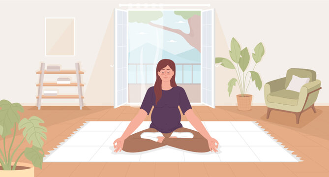 Doing yoga during pregnancy flat color vector illustration. Relaxed pregnant woman sitting in lotus pose. Hero image. Fully editable 2D simple cartoon character with cozy living room on background