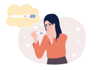 Happy woman finds out positive result on pregnancy test 2D vector isolated spot illustration. Expectant lady flat character on cartoon background. Colorful editable scene for mobile, website, magazine