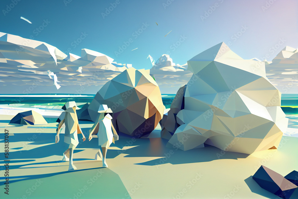 Poster a low poly geometric beach scene with a couple holding hands and walking along the shoreline generat