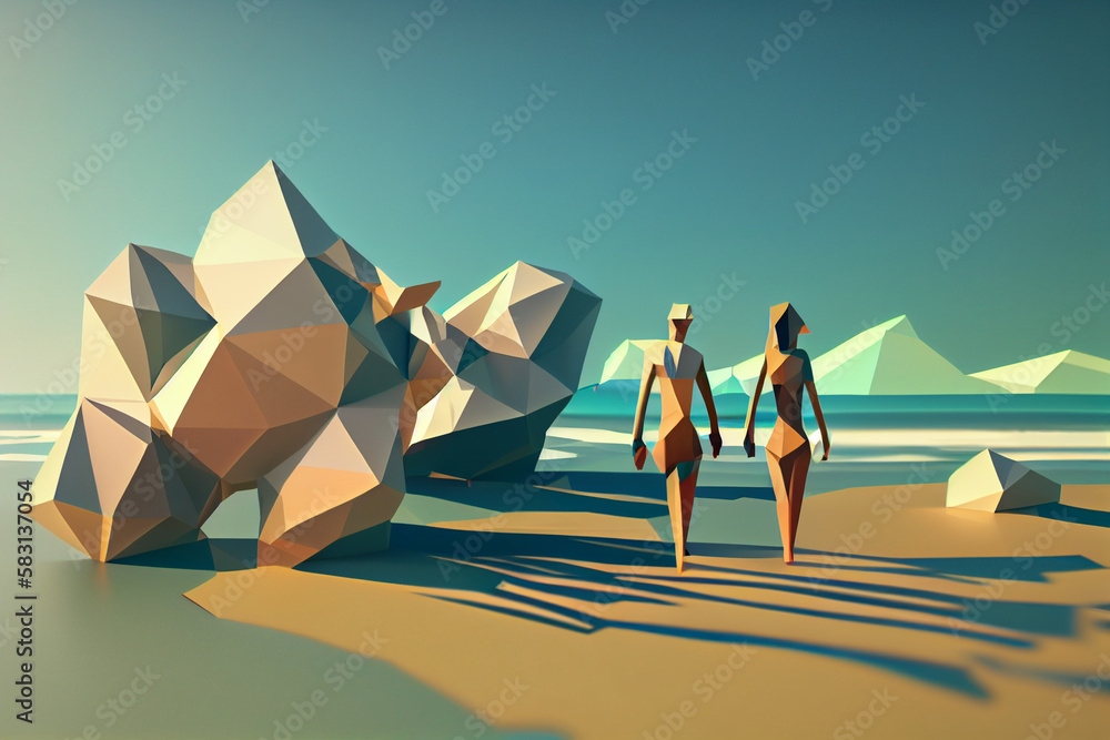 Poster a low poly geometric beach scene with a couple holding hands and walking along the shoreline generat