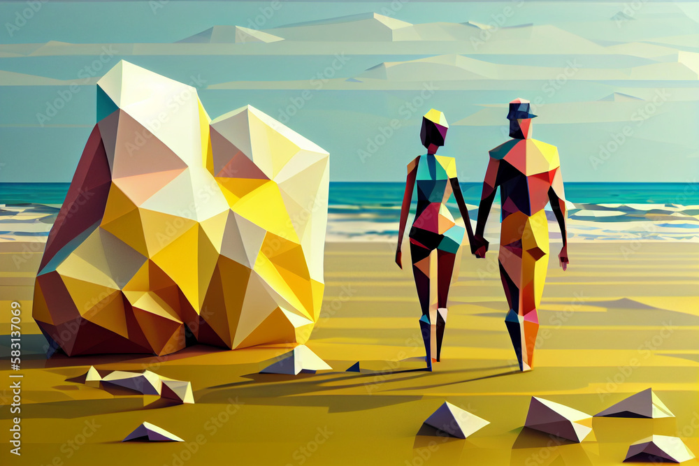 Poster a low poly geometric beach scene with a couple holding hands and walking along the shoreline generat