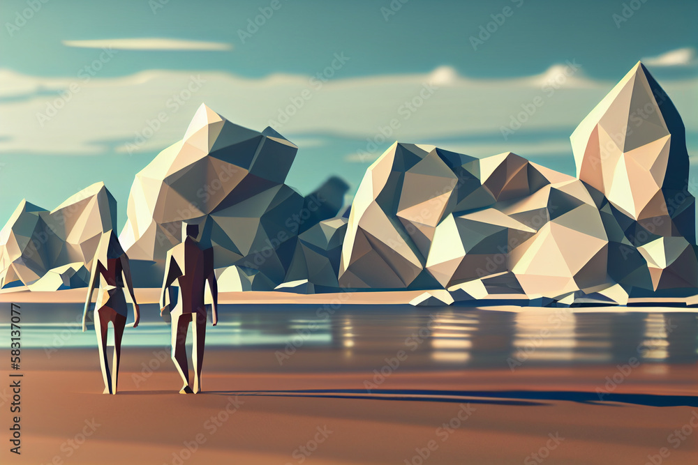 Poster a low poly geometric beach scene with a couple holding hands and walking along the shoreline generat
