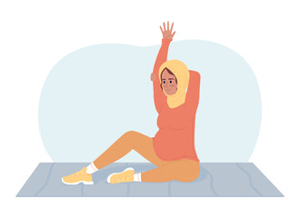 Doing stretches during pregnancy 2D vector isolated spot illustration. Exercising expectant mother flat character on cartoon background. Colorful editable scene for mobile, website, magazine