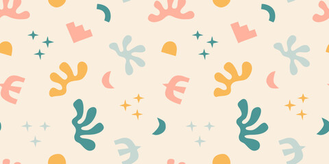 Abstract modern art seamless pattern with colorful freehand doodles. Organic flat cartoon collage background, simple random shapes in bright pastel colors. 
