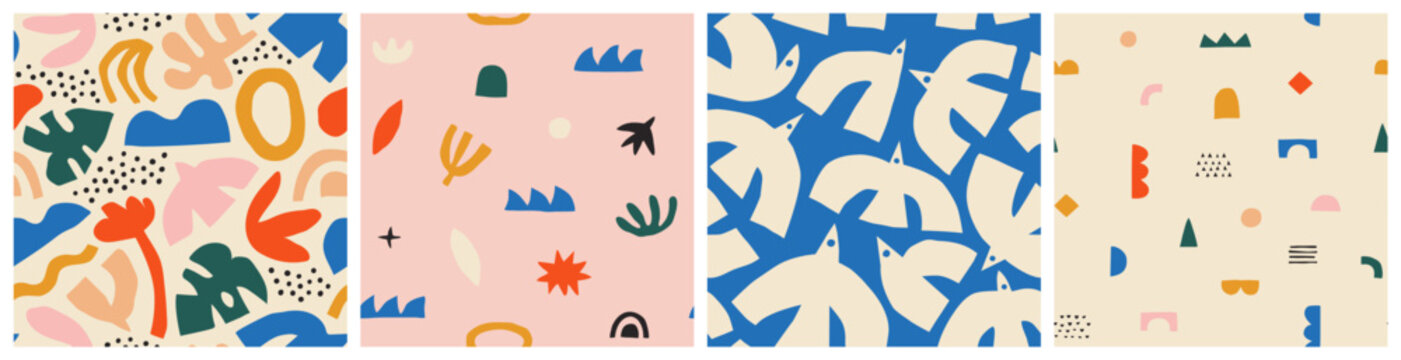 Fototapeta Abstract organic shape seamless pattern set with colorful geometric doodles. Flat cartoon background collection, simple random shapes wallpaper bundle. Contemporary art style print texture.